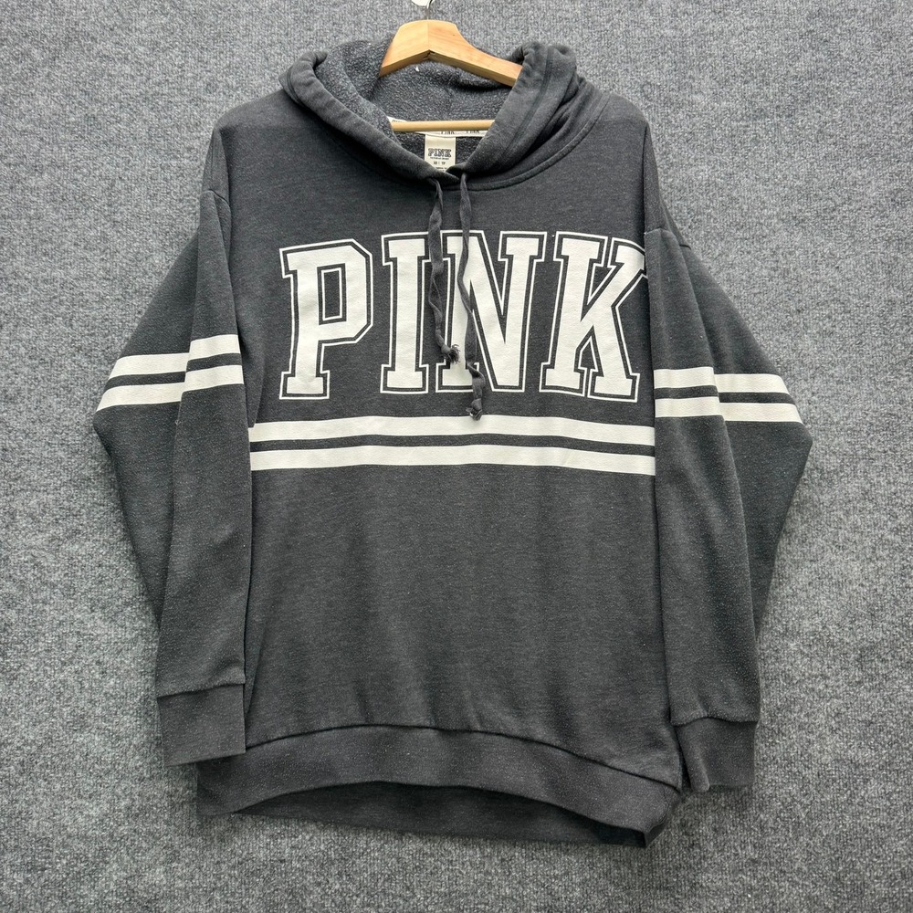 Victoria's Secret Pink Hoodie Women's Size XS Charcoal Gray Striped Long Sleeve‎